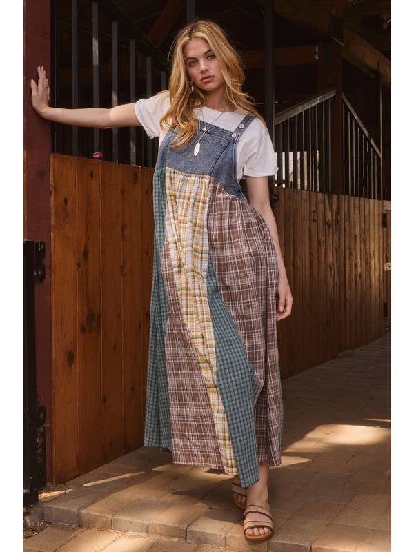 Denim Combo Plus Color Mixed Plaid Overall Maxi Dress for wholesale on Faire