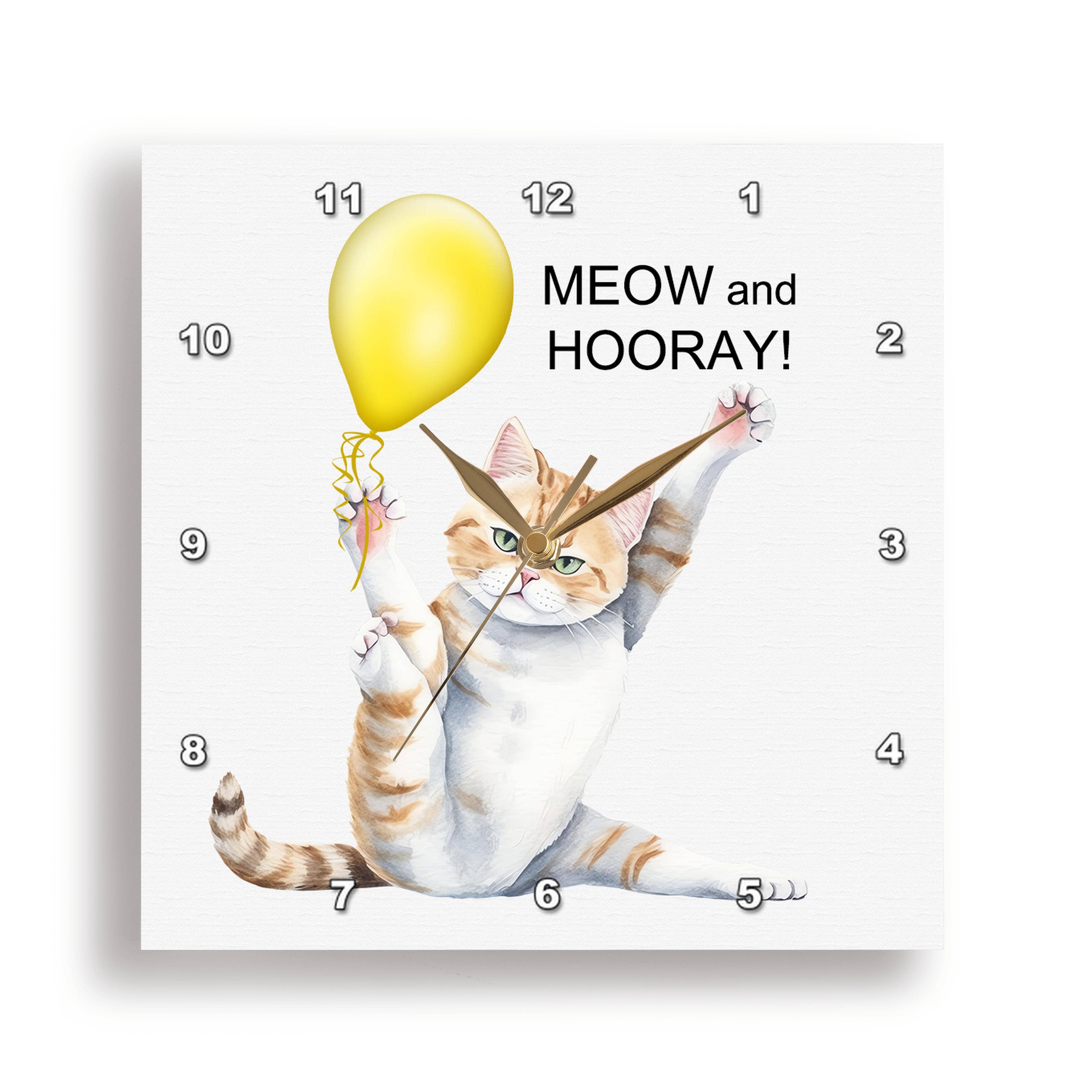 3dRose - Wholesale Wall Clock - 3dRose, Cute Meow and Hooray Kitty Cat in a Yoga Position with Yellow Balloon, Wall Clock