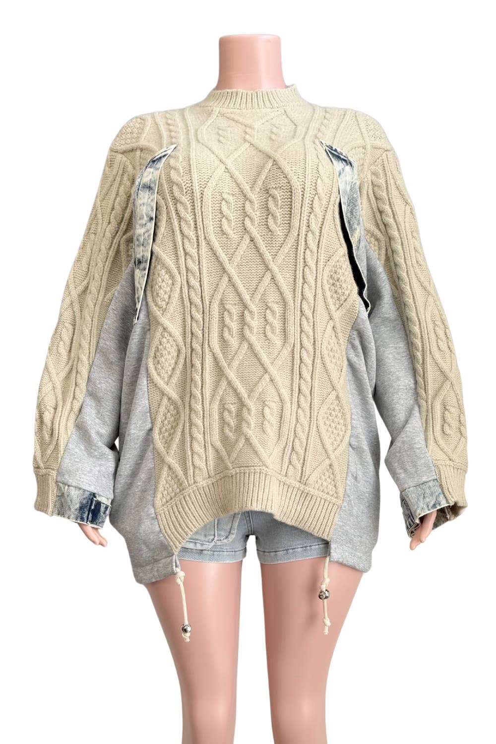 NEWGENS - Wholesale Knit Sweater - Women's - NT1036A Cable Knit Sweater with Denim Layered Details7