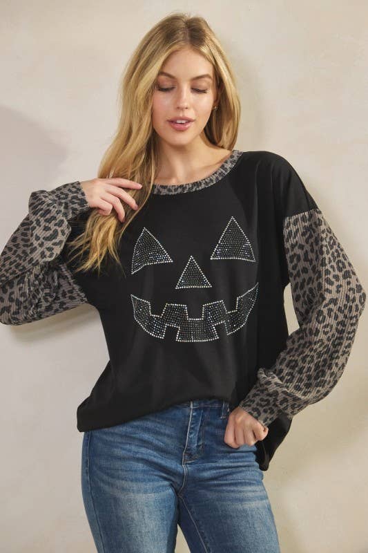 Sunday Morning - Wholesale Tunic - Women's - T0677HE12-Rhinestone Pumpkin Animal Contrast Top7