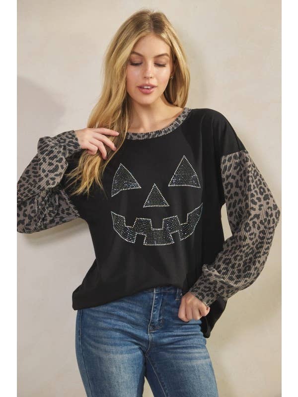 Sunday Morning - Wholesale Tunic - Women's - T0677HE12-Rhinestone Pumpkin Animal Contrast Top7