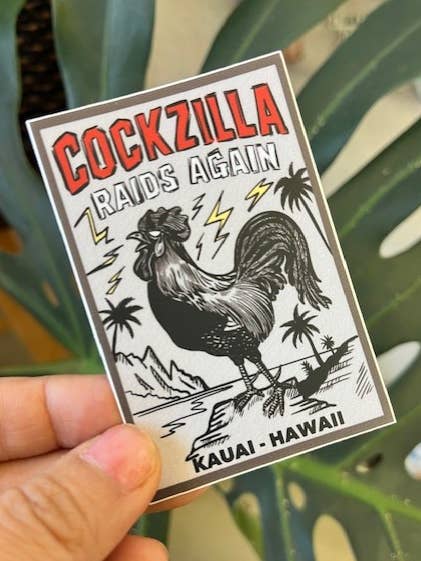 Autocollant Kauai Cockzilla Raids Again pour la vente par Island Stickers & More / Yuriko J. Design