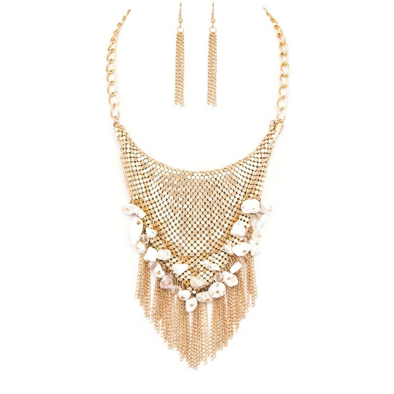 Rope & Spurs - Wholesale Jewelry Set - Chainmail Bib Stone Nuggets Fringe Chain Statement Necklace0