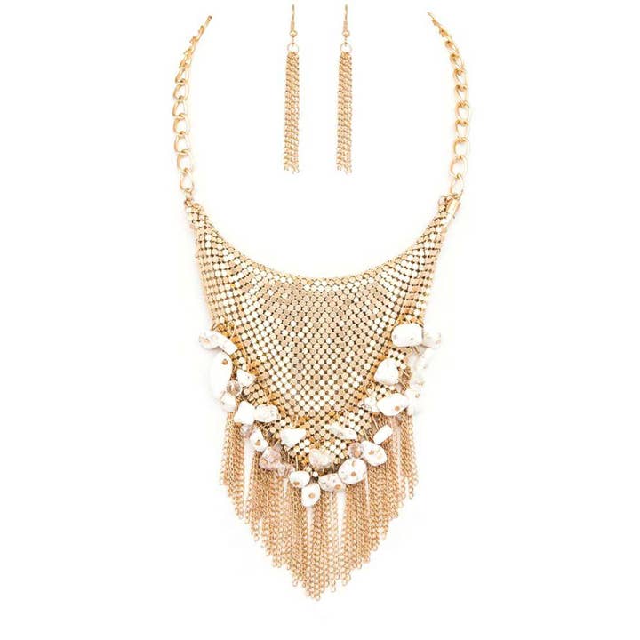 Rope & Spurs - Wholesale Jewelry Set - Chainmail Bib Stone Nuggets Fringe Chain Statement Necklace