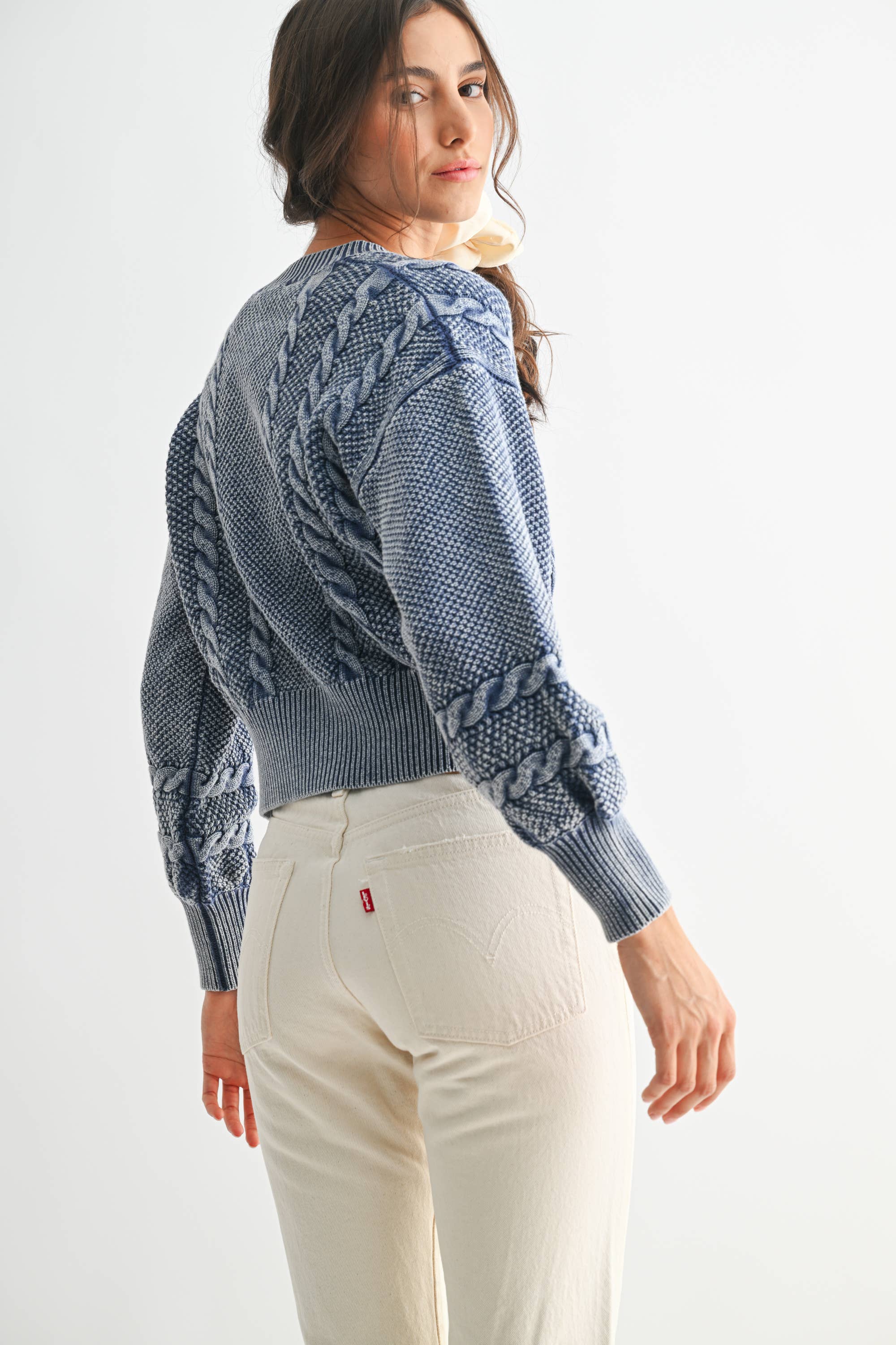 Camellia - Wholesale Cardigan - Women's - CW10019E WASHED BLENDED BROWN CABLE KNIT CARDIGAN35