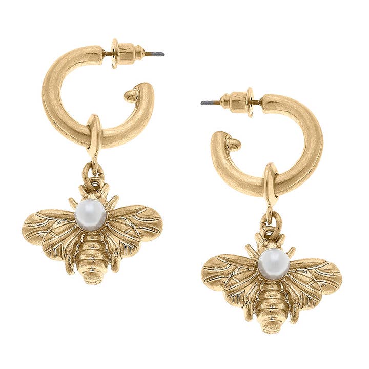 Canvas Style - Wholesale Hoop Earrings - Martine Bee & Pearl Drop Hoop Earrings in Worn Gold