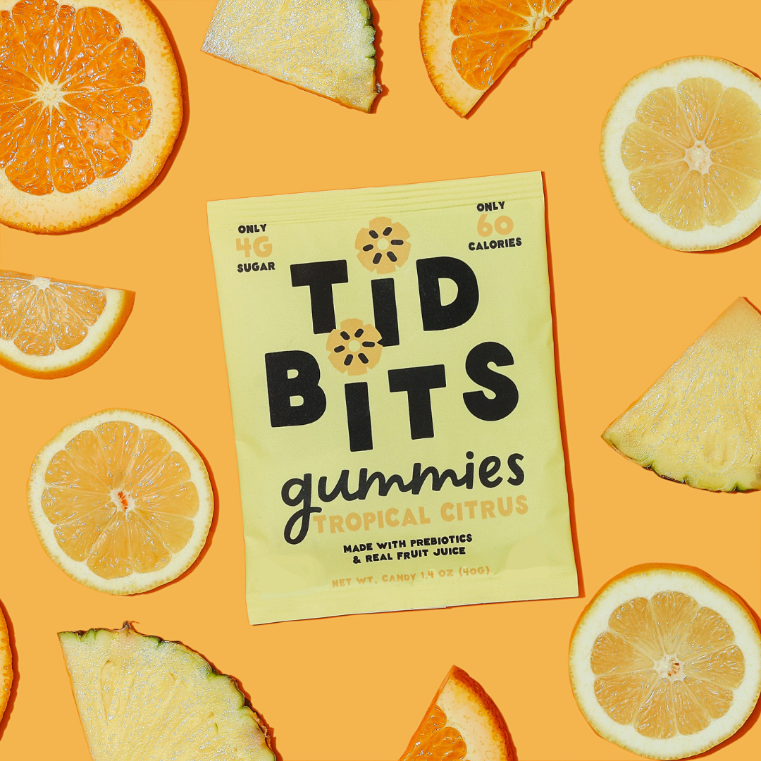 TiDBiTS Candy - Wholesale Gummy - 24 Pack Tropical Citrus Gummy Candy Low 4g Sugar, Prebiotics1