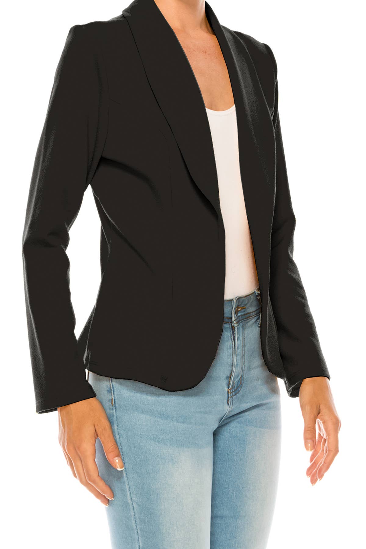 MOA COLLECTION - Wholesale Blazer - Women's - Women’s Solid Open Front Fitted Blazer Jacket – Waist Length3