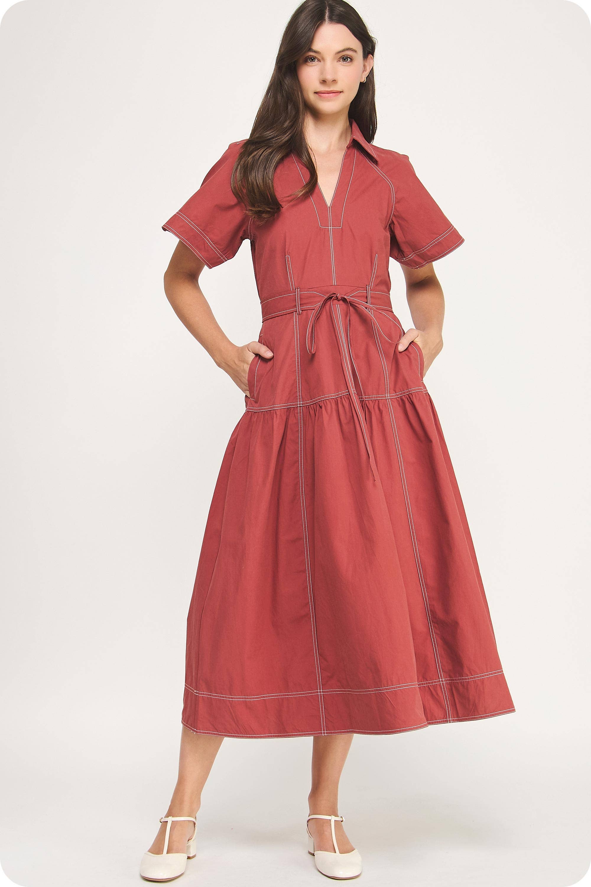 Strut & Bolt - Vente Robe – femme - Robe midi en popeline à col surpiqué9