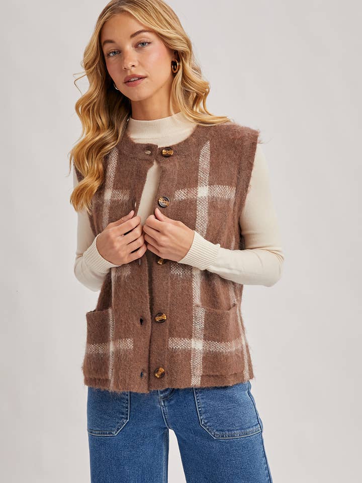 Bluivy - Wholesale Sleeveless sweatshirts – Women′s - BUTTON DOWN PLAID FUZZY KNIT SWEATER VEST3