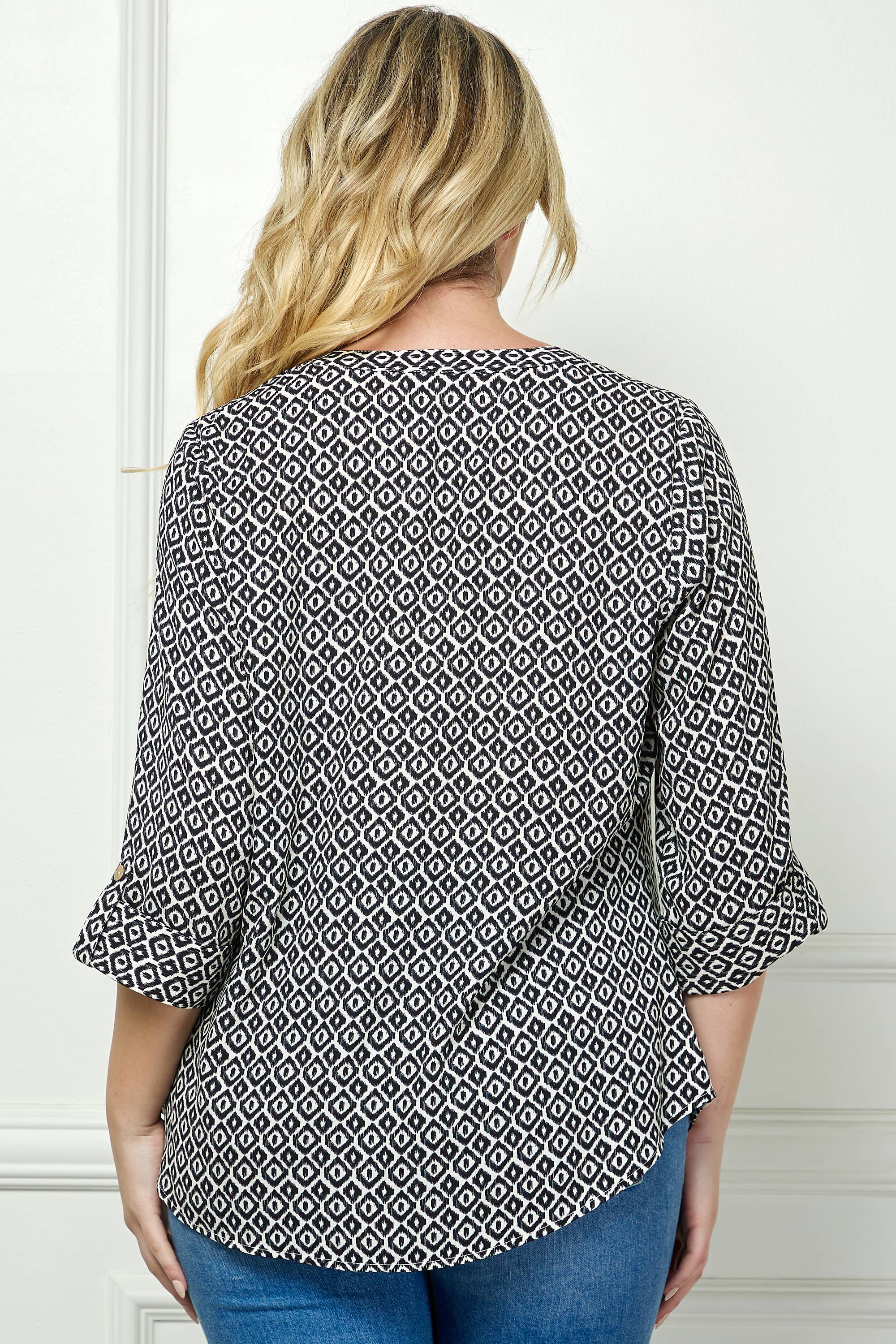 Ivory Black PLUS SIZE MANDARIN COLLAR  PLAKET  BLOUSE for wholesale on Faire4