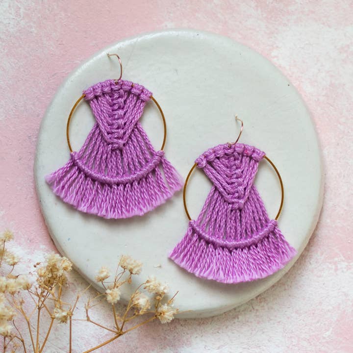 DREAM CATCHER LAVENDAR EARRINGS, MACRAME EARRINGS for wholesale by Prachi's Bohemian Art