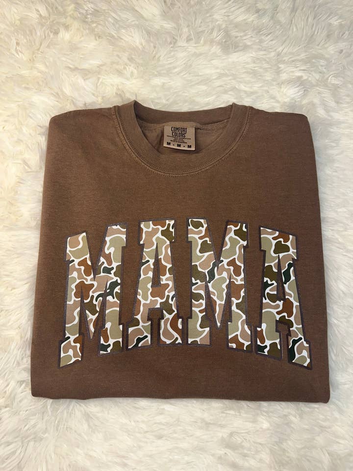 Brown Old School Camo Mama Tee for wholesale by Boonedock Boutique Wholesale