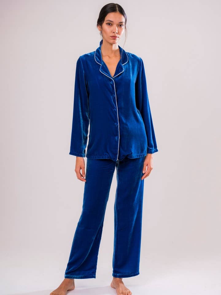 Chaqueta terciopelo seda azul para venta al por mayor de Caramì