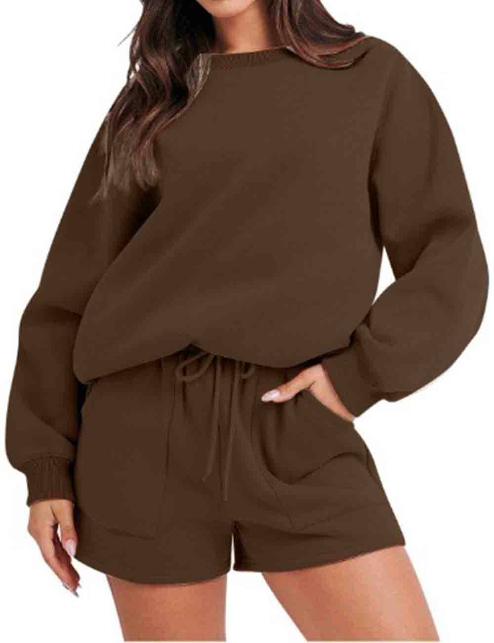Sweetkama - Wholesale Lounge Set - Women's - Ladies Solid Color Long Sleeves Sweatshirt & Shorts Set4