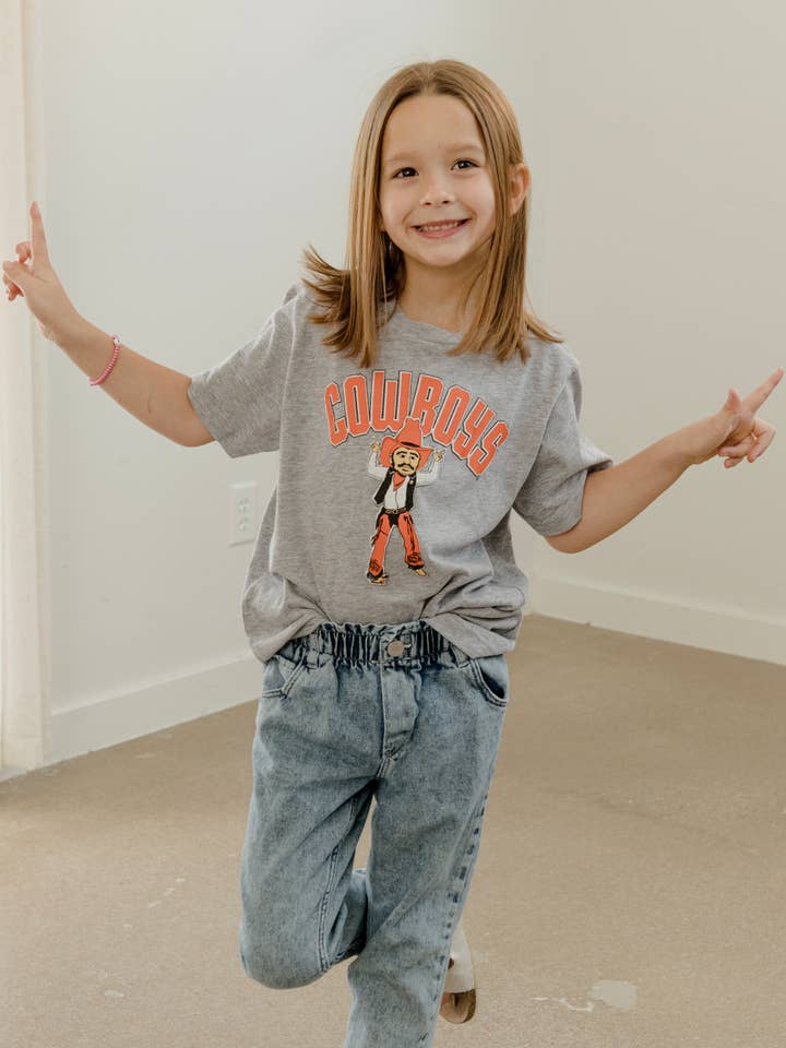 LivyLu - Wholesale Screen Printed T-Shirt - Kids - Children's OSU Cowboys Cartoon Masot Gray Tee2