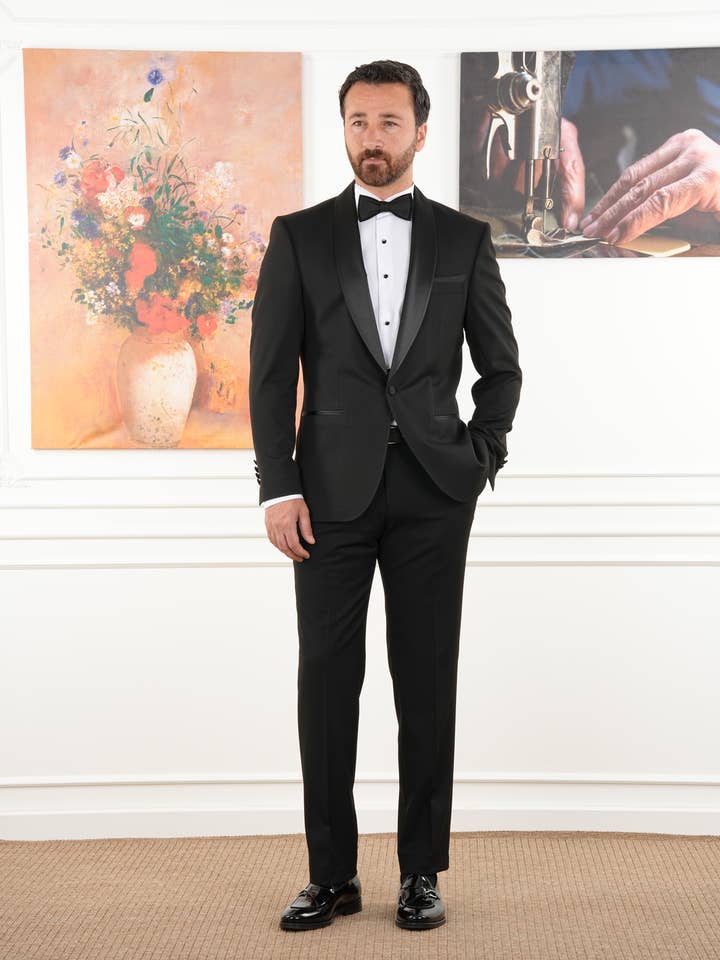 Heren zwarte fluwelen smoking met satijnen sjaalkraag en strik. voor wholesale door parez suits