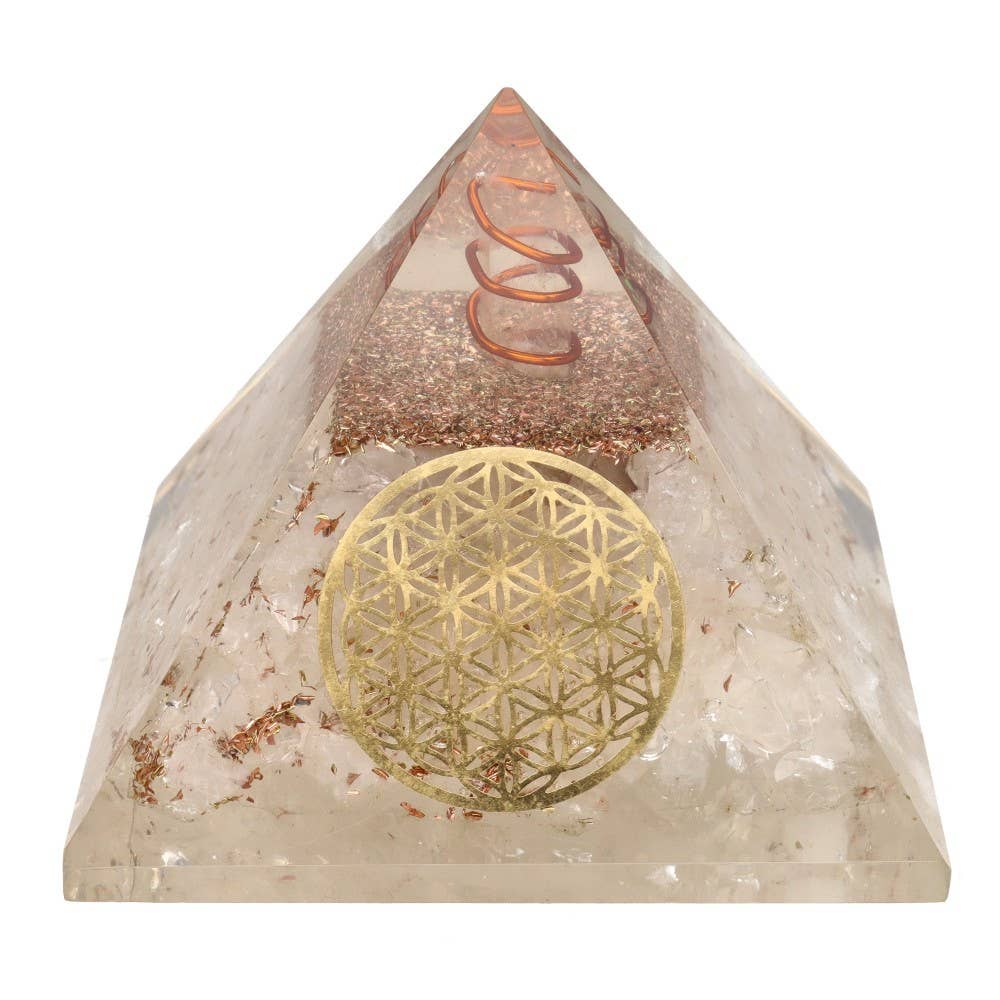 Vives de la Cortada S.L - Vente Pierre et cristal de spiritualité - Pyramide Orgonite de Quartz en Résine avec Fleur de Vie 7x7cm0