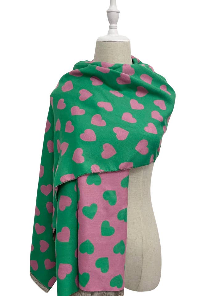 Colourful Love Heart Print Reversible Frayed Scarf for wholesale by Fashion Scarf World