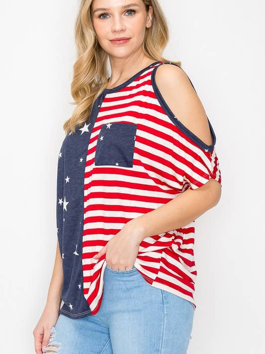 NAVY 10735SL524 - CUTOUT ON SLEEVE STAR AND STRIPED TOP for wholesale on Faire