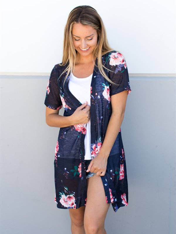 Tickled Teal – Engroshandel Cardigan - Dame – Blomstret kortærmet gennemsigtig strik cardigan1