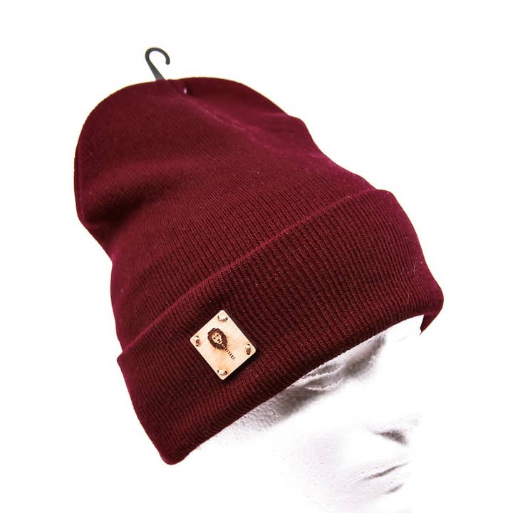 Cozy Burgandy Beanie + Wood Patch for wholesale by Wood Leon