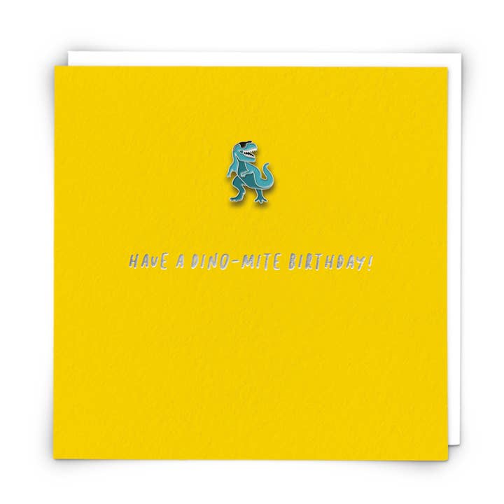 Biglietto di auguri a forma di dinosauro con spilla smaltata per la vendita all'ingrosso da parte di Redback Cards UK