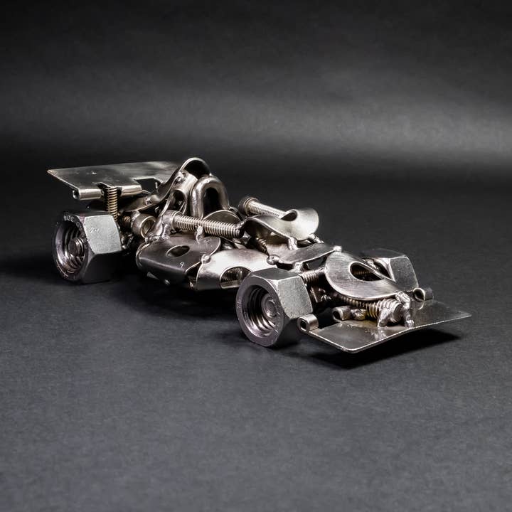 Formula 1 Racecar Sculpture, Nuts and Bolts Steel Figurine for wholesale by Metal Relic