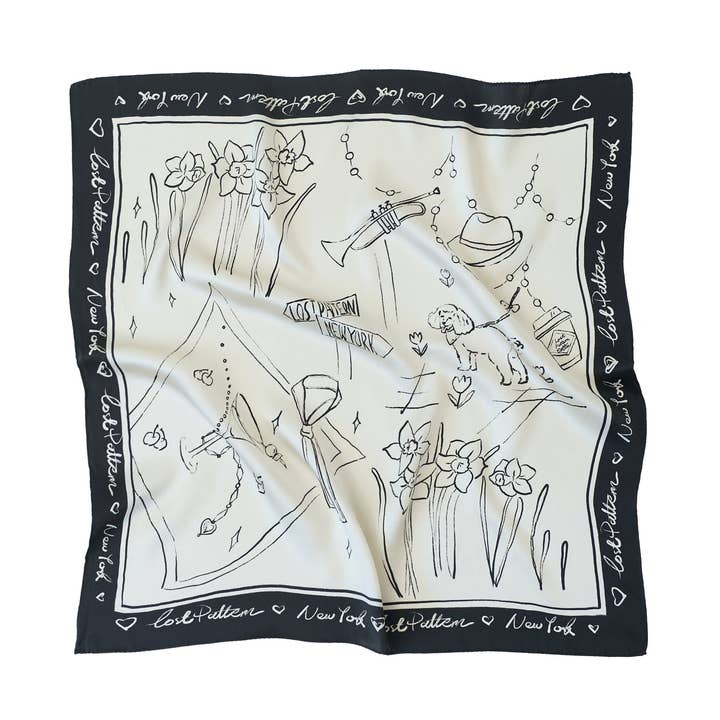 "New York in Sketches" Silk Scarf - Black & White for wholesale by Lost Pattern NYC