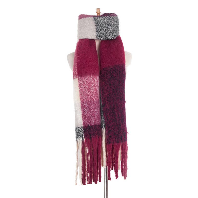 Adorro – wholesale Scarf – Women's – Soft Chunky Plaid Fleece Oblong Tassel Scarf2