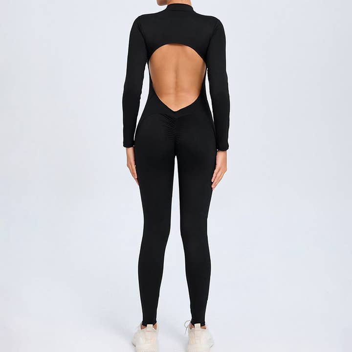 WONDERXFANS - Wholesale Unitard - Women's - backless half zipper long sleeve yoga legging jumpsuit15