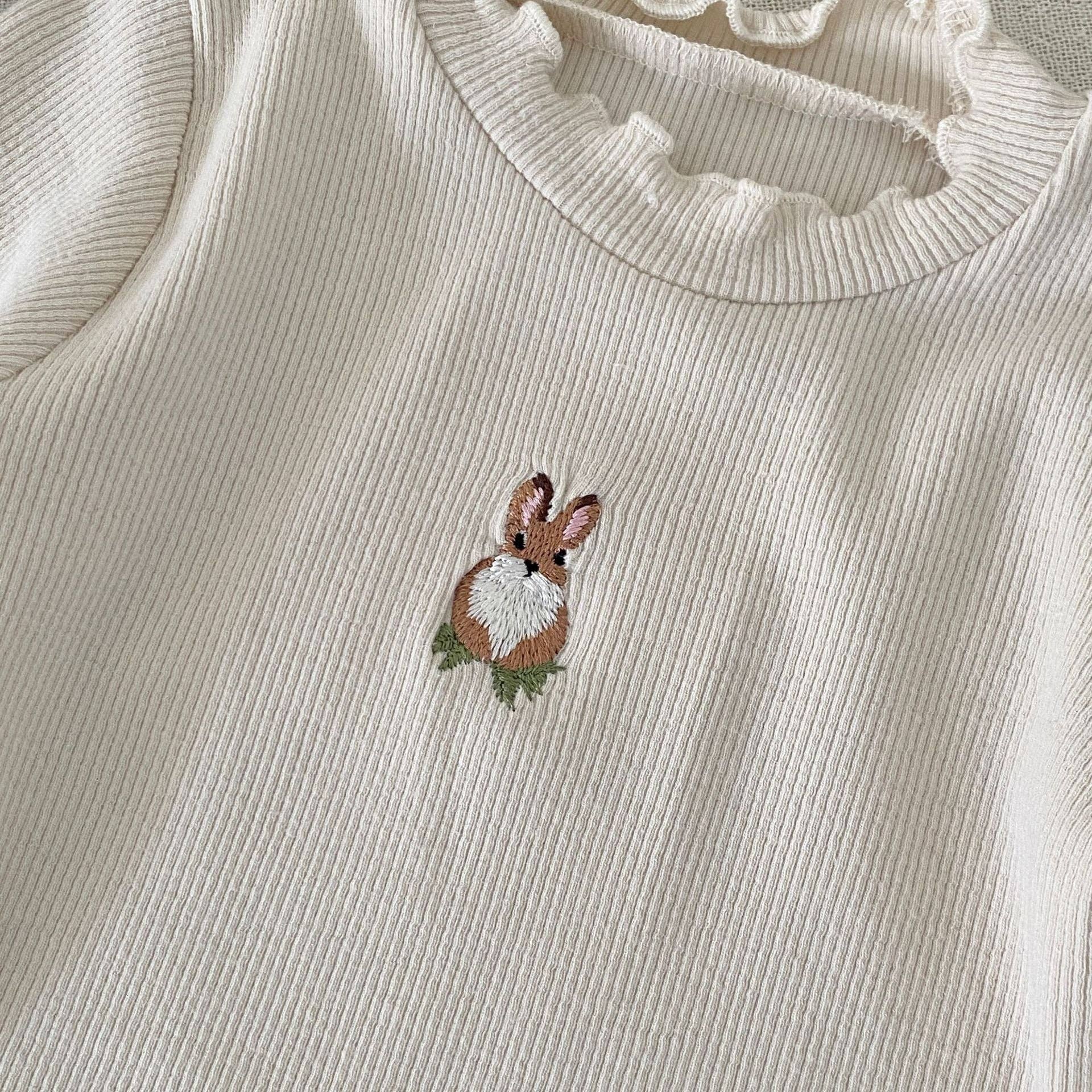 Beige Autumn Arrival Baby Girls Long Sleeves Simple Rabbit Embroidered bodysuit for wholesale on Faire2