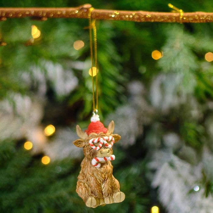Langs - Wholesale Ornament - Christmas Highland Sitting Cow Resin Hanger With Candy Cane Glasses0