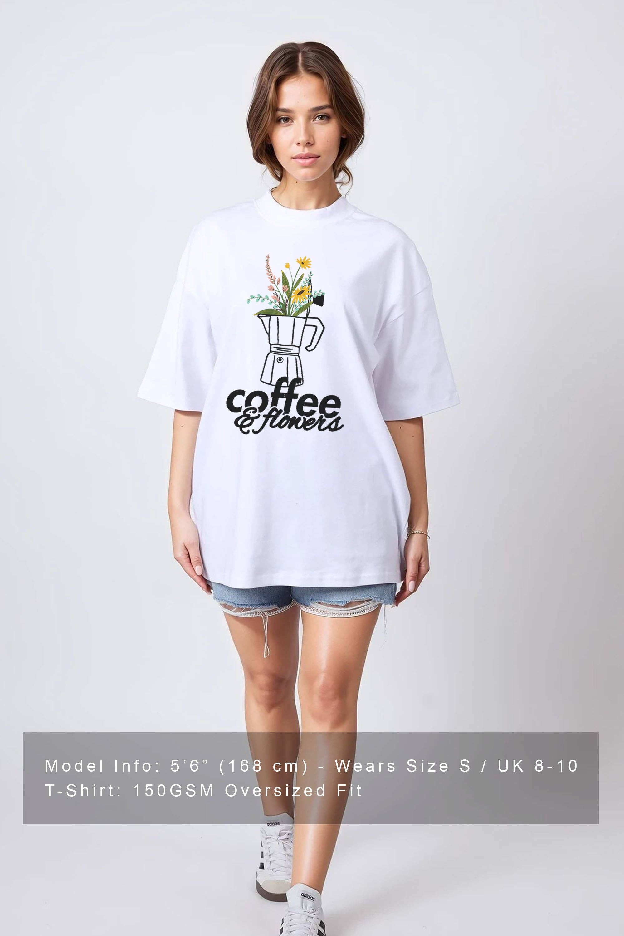 White Women 150GSM Oversized T-Shirt in Coffee and Flowers Print for wholesale on Faire2