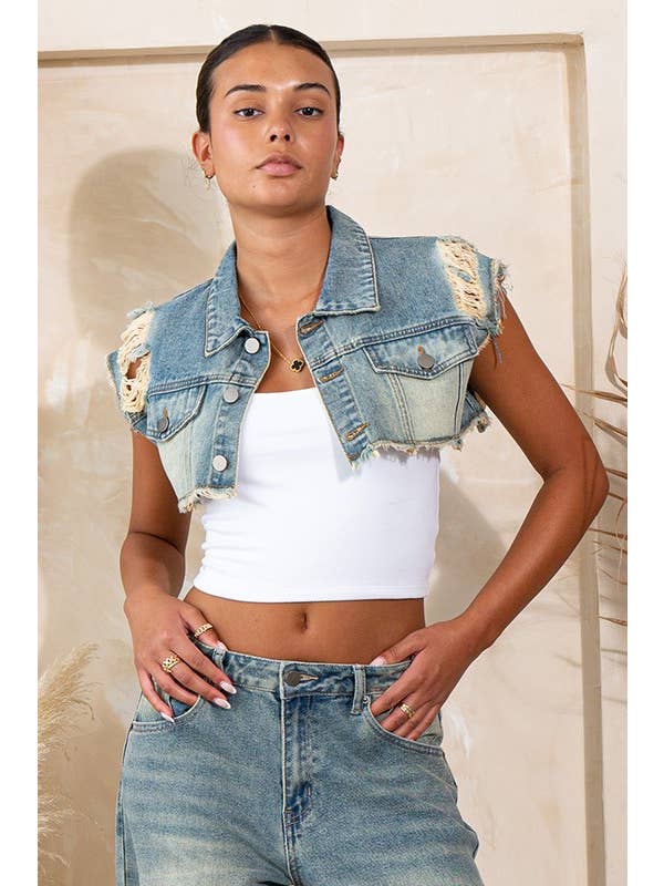 Lavagem vintage Casaco Bolero Ganga Desfiado Vintage Sem Mangas para venda a revendedores na Faire