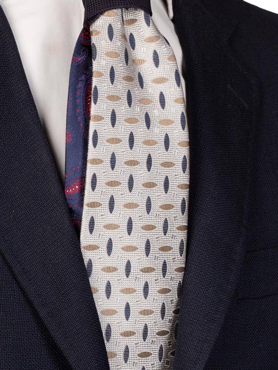 Gray Tie with Blue Beige Pattern and Blue Contrast Knot N2439 for wholesale by Graffeo Cravatte