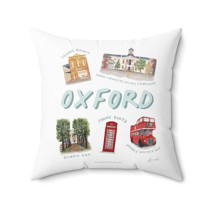 Almohada artística en acuarela Oxford MS Landmarks para venta al por mayor de Carper Creative Co.