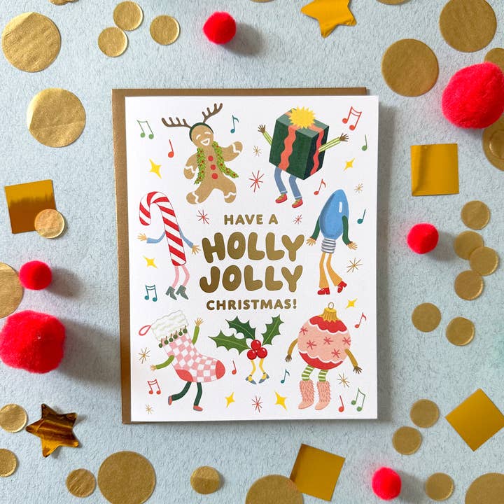 Yeppie Paper - Wholesale Christmas Card - Holly Jolly Festive Dancing Christmas Holiday Card *Foil Stamped*1