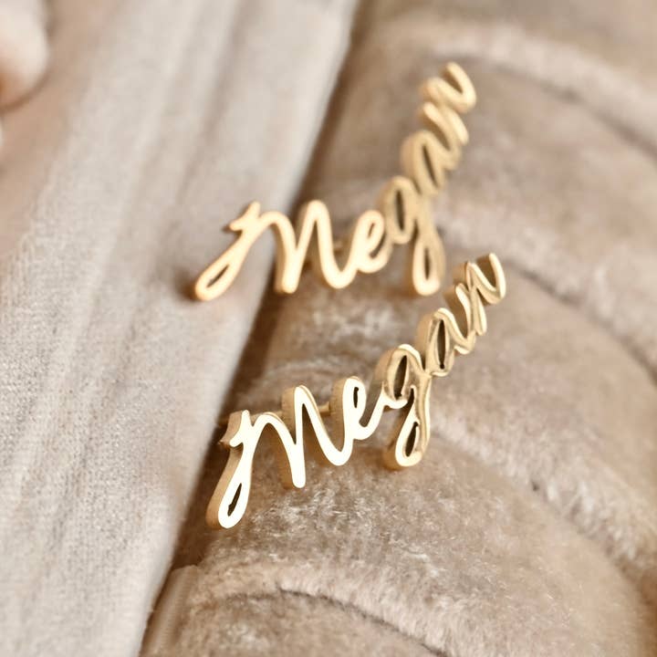 Blueyejewelry - Wholesale Stud/Post Earrings - Custom Name Earrings- 18k Gold Personalized Name Studs