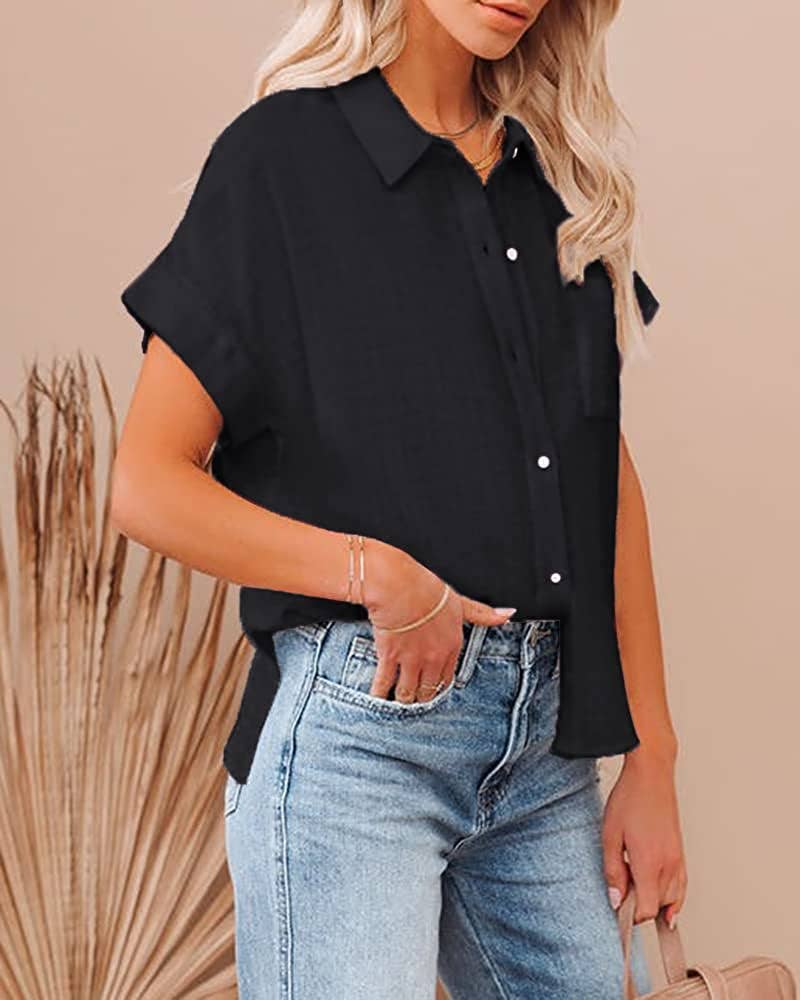 Rosa Clothing - Wholesale Button Down Shirt - Women's - Button-Lapel Pocket Slit Short-Sleeved Shirt0