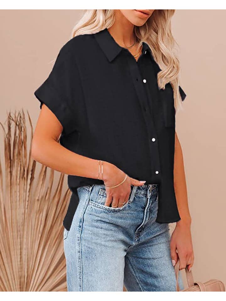 Rosa Clothing - Wholesale Button Down Shirt - Women's - Button-Lapel Pocket Slit Short-Sleeved Shirt