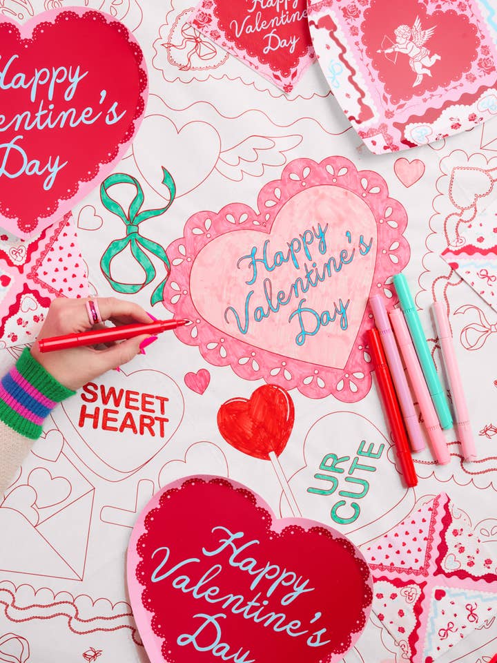 xo, Fetti Vday Kids Coloring Tablecloth | red, valentine, kids, be mine, coloring, party, decor for wholesale by Petit Fetti