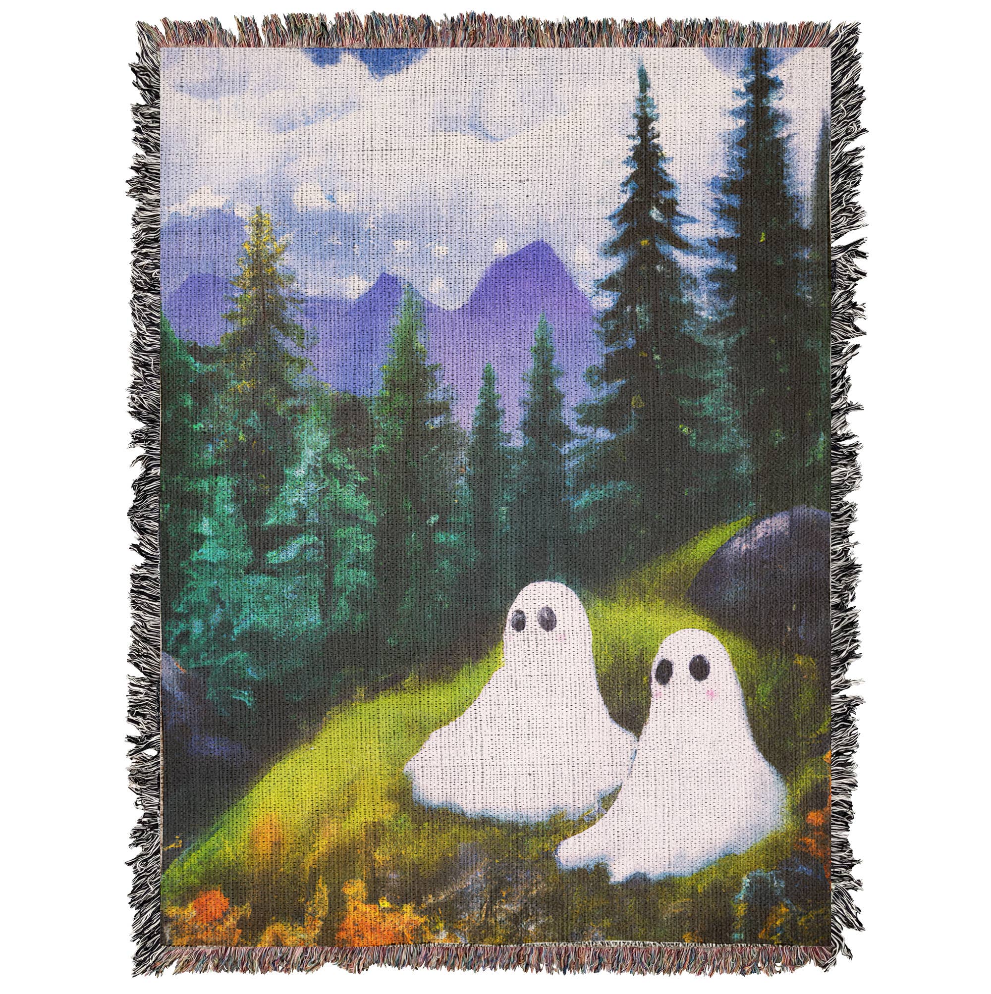 Killer Goods • Woven Blankets, Gifts, Home Decor – Engroshandel Tæppe – Søde spøgelsesvenner sidder i skovvævet kastetæppe2