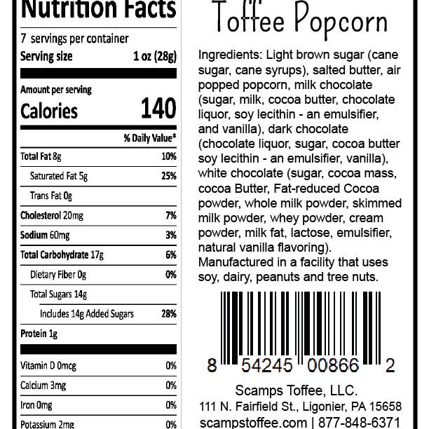 Scamps Toffee - Wholesale Popcorn - 7oz Toffee Popcorn Bag