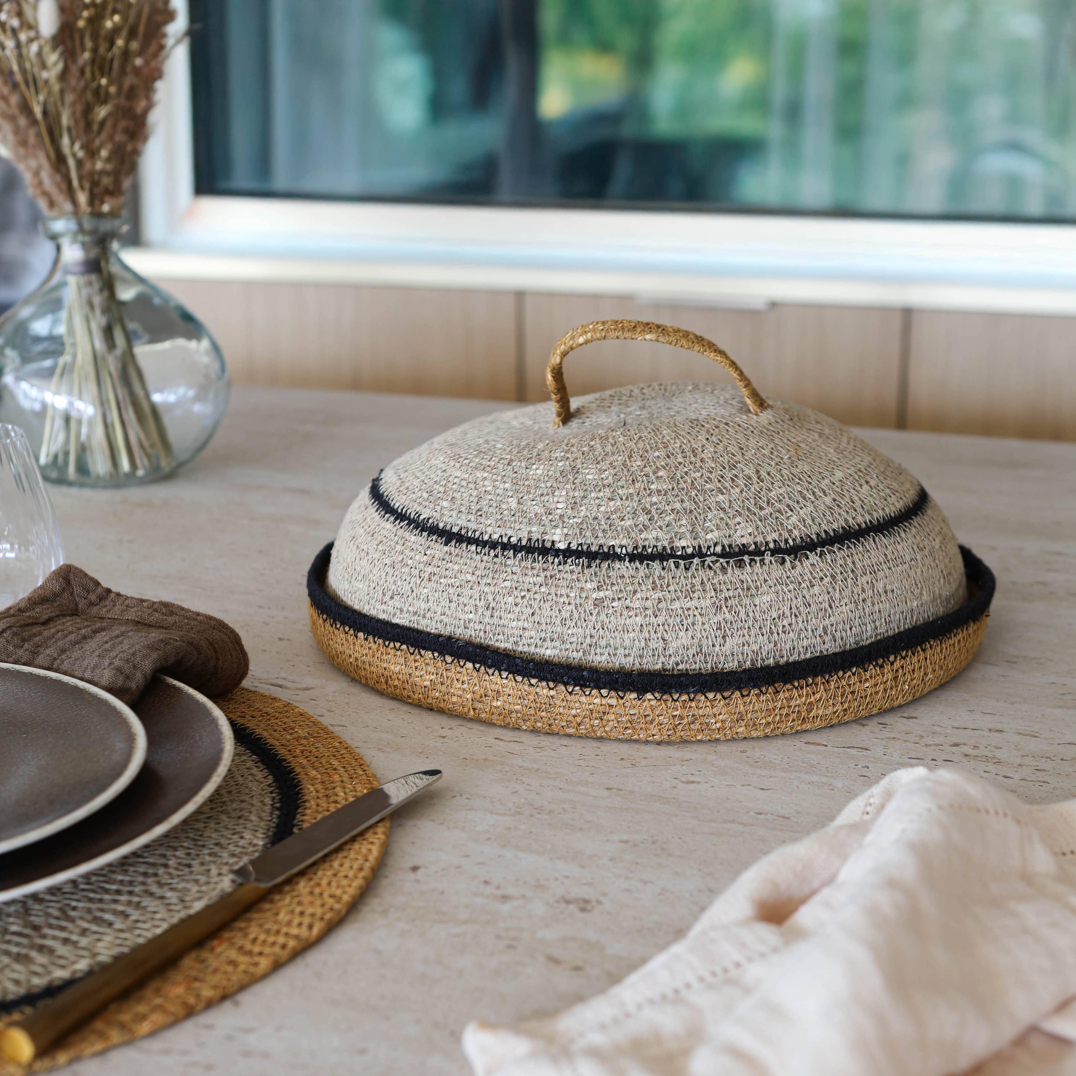 Now's Home - Wholesale Basket - Basket with bell 33cm in natural/saffron seagrass DUNE2