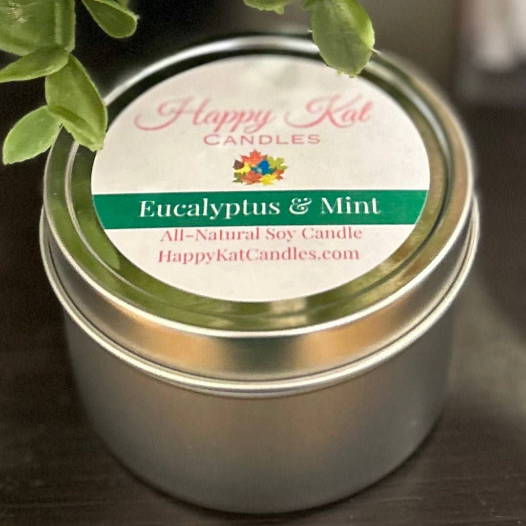 Happy Kat Candles - Wholesale Jar/filled candle - *4oz. Travel Tin- Eucalyptus & Mint0