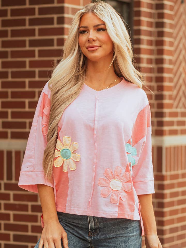 LALALOO Flower Patchwork 3/4 Sleeve Oversized T-Shirt and other Purchase Wholesale tshirt romper. Free Returns & Net 60 Terms on Faire trending on Faire.