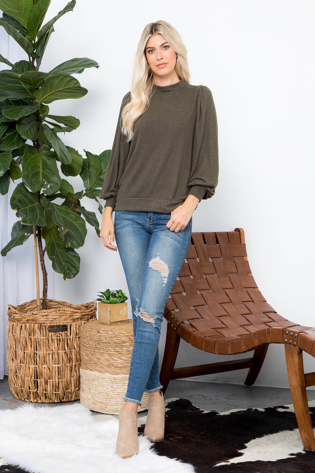 You & Me - Vente Haut en maille – femme - VENTE ! ! ! PPT21143 - HAUT À MANCHES BOUFFANTES À COL ROND - ANTHRACITE38