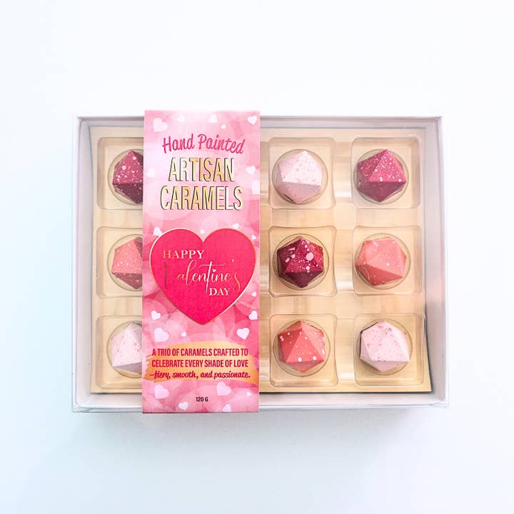 Box of 12 Valentine's Caramels for wholesale by Succulent Chocolates & Sweets Inc