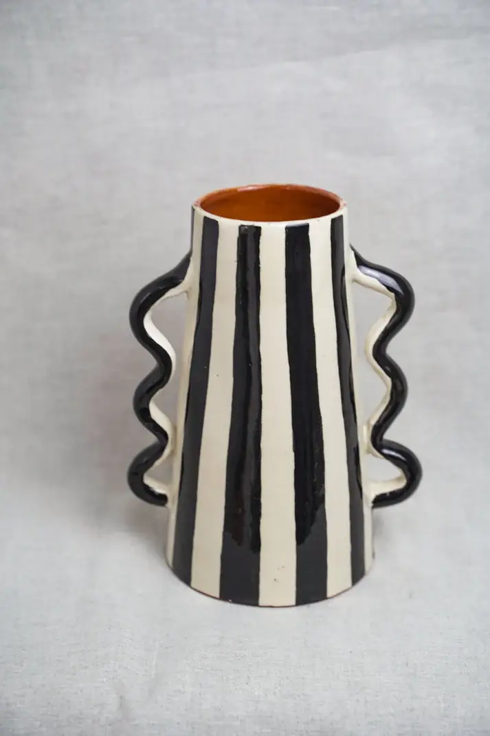 High crafty - Wholesale Vase - Handmade Striped Ceramic Vase with Wavy Handles – 22.5 cm7